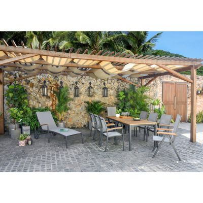 SCAUN PLIANT DE EXTERIOR in lemn, metal, textil gri, gri deschis, culoare lemn tec
