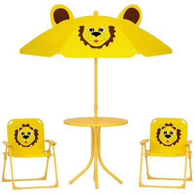 AIYAPLAY Mobilier de grădină pentru copii cu umbrelă de soare reglabilă, Set de picnic pentru copii cu 4 piese, Masă cu 2 scaune pliante, masă, Set de terasă cu model de leu pentru vârstele 2-5 ani, Galben | Aosom Romania