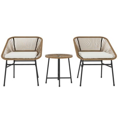 Outsunny Set Bistro din 3 Piese cu Măsuță de Cafea cu Blat de Sticlă și 2 Scaune, Φ45x46 cm, Natural | Aosom Romania