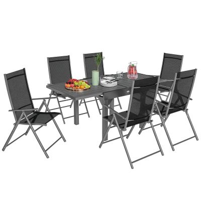 Outsunny Set de Grădină din 7 Piese cu Masă Extensibilă și 6 Scaune Pliabile cu Brațe, 90/180x90x75 cm, Gri și Negru | Aosom Romania