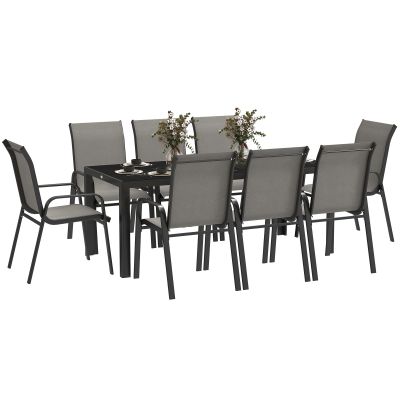 Outsunny Set Mobilier de Grădină din 9 Piese cu Masă și 8 Scaune Stivuibile cu Brațe, 183x80x72 cm, Gri Deschis | Aosom Romania