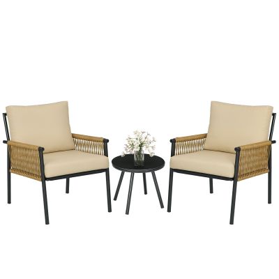 Outsunny Set Mobilier Terasă 3 Piese din Răchită, Set Exterior Bistro cu Perne Moi și Spătar, Ideal pentru Relaxare | Aosom Romania