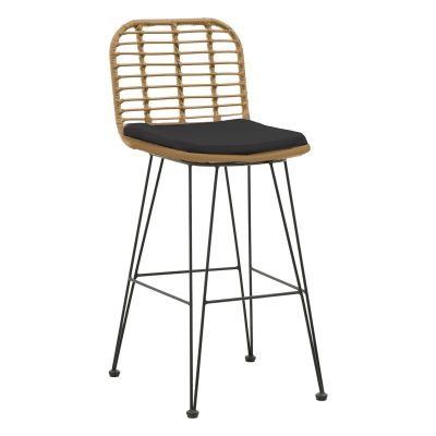 Scaun de bar pentru exterior, Model Naoki, culoare bej si negru, metal si poliratan, 46x56x110 cm
