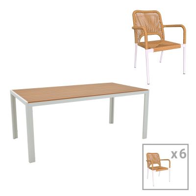 Set Masa si Scaune de Exterior, 7 Piese, Model Nares-Norture, Natural/Alb, 180x90x72.5 cm