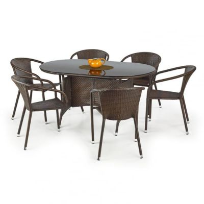 Set MASTER, masa de gradina cu 6 scaune, model ratan maro inchis, 150x90x74 cm