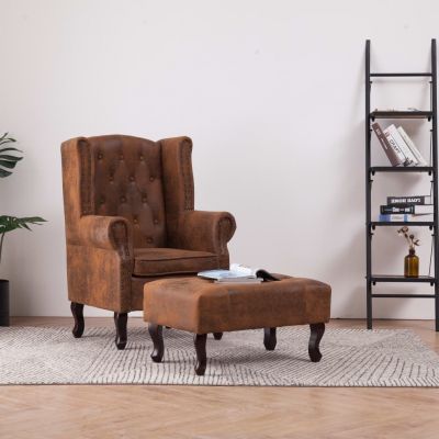 Gossi fotoliu chesterfield si taburet, maro, imitatie piele intoarsa