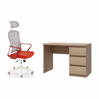 Set birou MIRA, stejar Icon, 108x50x73 cm si scaun de birou VESUVIO corai + alb, 59x59x115 cm