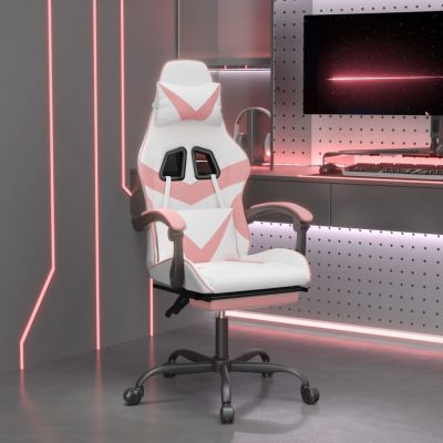 Gossi scaun de gaming cu suport picioare, alb/roz, piele ecologica