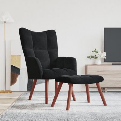 Gossi scaun de relaxare cu taburet, negru, catifea