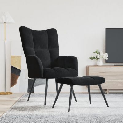Gossi scaun de relaxare cu taburet, negru, catifea
