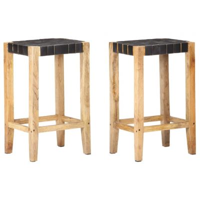 Gossi scaune de bar, 2 buc., negru, piele naturala, 75 cm