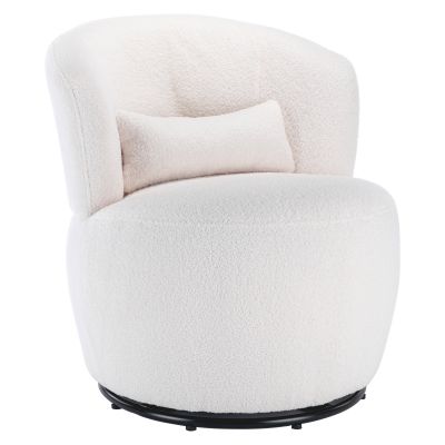 Scaun Birou Girevol din Pluș Teddy cu Pernă Lombară, Bază Metalică Rotativă la 360°, Capacitate 100 kg, 65x70x73 cm, Alb