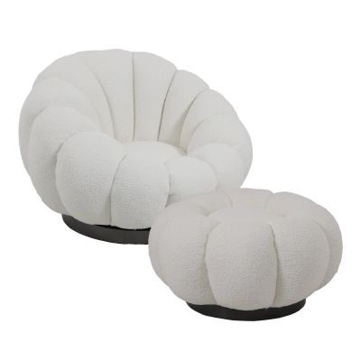 Fotoliu cu brațe pivotant Nester  cu taburet din țesătură boucle în culoarea albă 98x97x69cm
