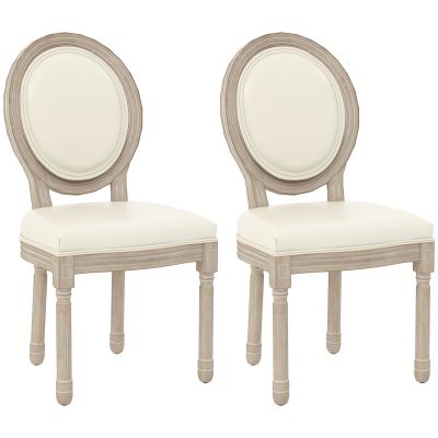 HOMCOM Set de 2 scaune de sufragerie tip medaillon în stil Louis XVI, din lemn masiv patinat, cu șezut în înveliș sintetic crem | Aosom Romania