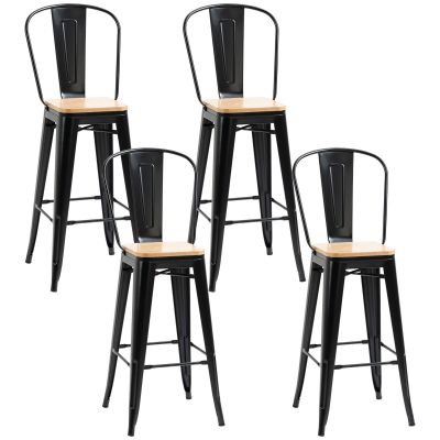 HOMCOM, Set de 4 taburete de bar, stil industrial, cu spătar, suport pentru picioare, înălțime 76 cm, Negru | Aosom Romania