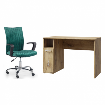 Set birou NIKO PAN, stejar deschis Flagstaff, 110x51x73,5 cm si scaun de birou DORAL, verde, 55x58x98 cm