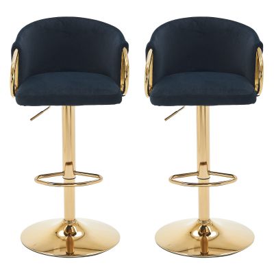 Set de 2 scaune de bar moderne, rotative și reglabile pe înălțime, cu spătar și suport pentru picioare auriu, pentru bucătărie, bar și tejghea de restaurant, Negru