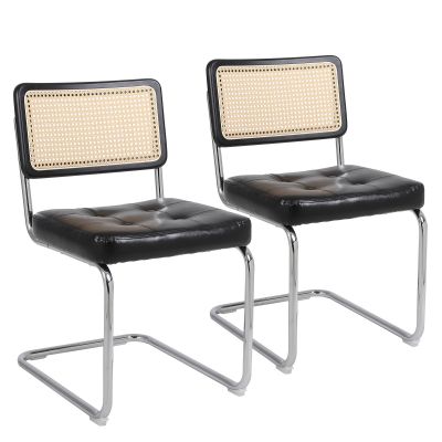 Set de 2 scaune de prânz din ratan, spătar din plasă fără brațe, picioare din metal cromat, Negru