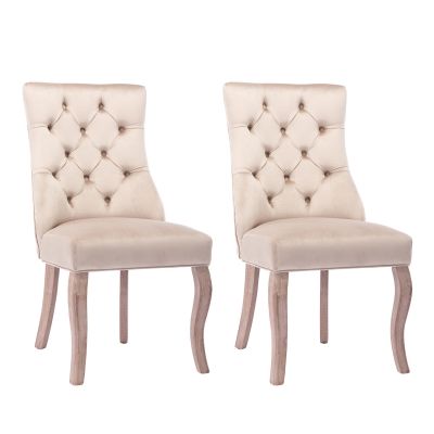 Set de 2 scaune tapițate pentru sufragerie din catifea cu spătar înalt matlasat cu nasturi, 51x47x97 cm, Bej