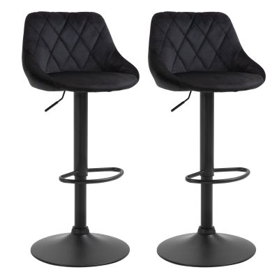 HOMCOM Set de 2 tabureți de bar cu spătar, aspect catifelat, cadru din oțel, scaune de bucătărie reglabile înălțime cu suport pentru picioare, rotative, taburet de bar, negru | Aosom Romania