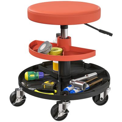 HOMCOM Taburet pentru atelier cu rotile, taburet de mecanic cu înălțime reglabilă 40-51 cm, 2 rafturi 38x38x51 cm, galben | Aosom Romania