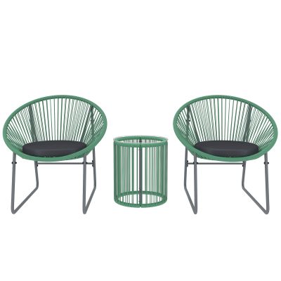 Outsunny Set de mobilier de exterior cu 3 piese, 1 masă, 2 scaune, placă de masă din sticlă, poliratan plastic înfășurat în cadre de oțel, perne moi, Verde | Aosom Romania