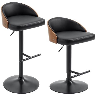 HOMCOM Scaune de Bar Set 2 buc., Scaun de Bar Tapitat din Oțel și Lemn Masiv, Înălțime Reglabilă pentru Bucătărie cu Suport pentru Picior, Rotativ 360°, Scaun de Bar pentru Bucătărie, Sufragerie, Sală de Mese, Negru+Cafea | Aosom Romania