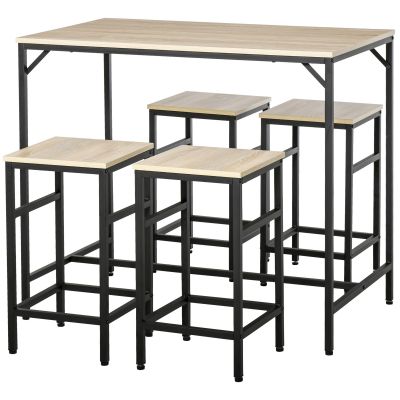 HOMCOM Set Masă de Bar Industrial + 4 taburete cu suport pentru picioare din lemn culoare Stejar Deschis Cadrul negru metalic | Aosom Romania