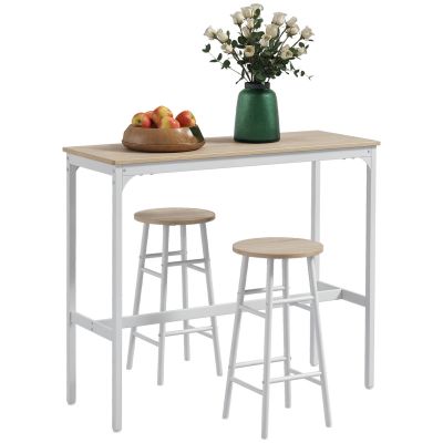 HOMCOM Set masă înaltă de bar + 2 taburete structură din oțel blat aspect lemn natural 2 persoane alb | Aosom Romania
