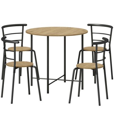 HOMCOM Set Masă Rotundă de Dining cu 4 Scaune Economisitor de Spațiu în Lemn și Metal Stil Industrial | Aosom Romania
