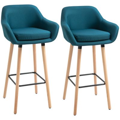 HOMCOM Taburete de Bar Design scandinav - Set de 2 Taburete de Bar Grand Confort cu Suport pentru Picioare și Cotiere - Lemn masiv Lână albastră | Aosom Romania