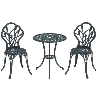 Outsunny Set Mobilier de Grădină 2 Locuri 2 Scaune + Masă Rotundă Fontă de Aluminiu Imitație Fier Forjat Verde | Aosom Romania
