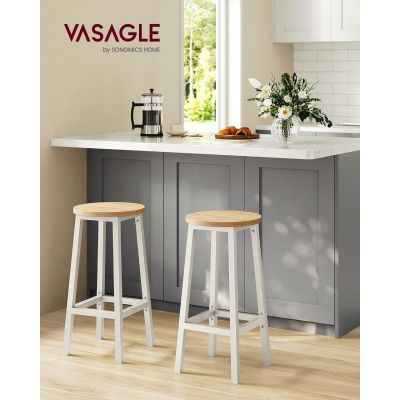 Set 2 scaune de bar, Vasagle, 32x32x65 cm, fier/PAL, alb/natural