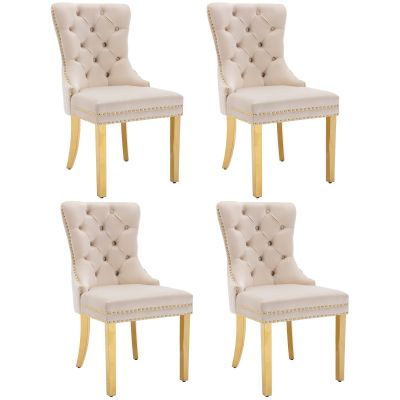 Set de 4 scaune de sufragerie tapițate în catifea, Bej | Aosom Romania Set de 4 scaune de sufragerie tapițate în catifea, Bej | Aosom Romania