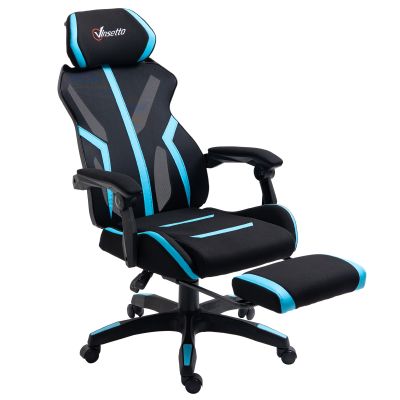 Vinsetto Scaun Gaming cu Suport pentru Picior Retractabil Scaun de Birou Rotativ Inclinabil cu Suport de Cap și Înălțime Reglabilă 65x65x119-129 cm Negru și Albastru | Aosom Romania