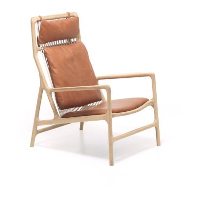 Fotoliu cu structură din lemn masiv de stejar şi șezut din piele bivol Gazzda Dedo, maro cognac