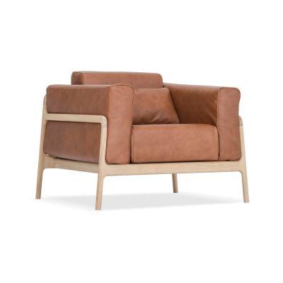 Fotoliu din piele bovină cu structură din lemn masiv de stejar Gazzda Fawn, maro cognac