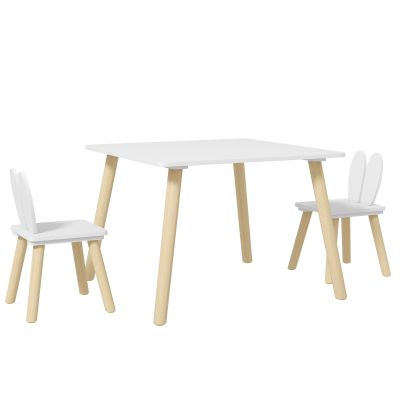 AIYAPLAY Set Masă și 2 Scaune pentru Copii 3-6 ani, Masă și Scaune cu Spătar în Formă de Urechi, 60x60x44 cm, Alb | Aosom Romania