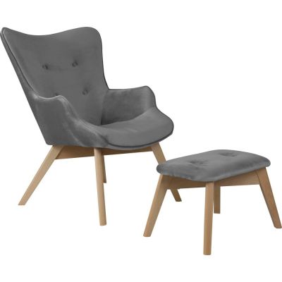 Fotoliu cu taburet gri cu tapiÈu009Berie din catifea Niko âu0080Ropez