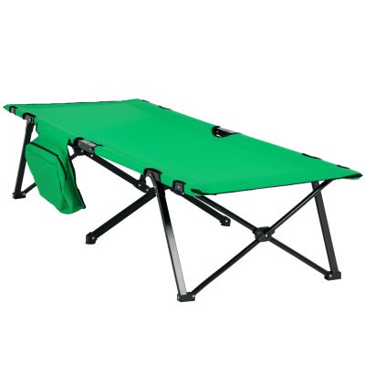 Outsunny Pat de camping, pat pliabil, pat pliabil cu buzunar lateral, suport pentru băuturi, suportând până la 136 kg, cadru din oțel Oxford Verde+Negru 190 x 65 x 40 cm | Aosom Romania