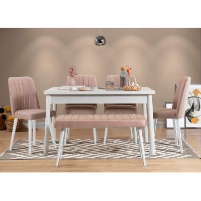 Set Masa Bucatarie și scaune (6 bucăți) Puren, Alb - Alb / Stejar, 120x75x75 cm