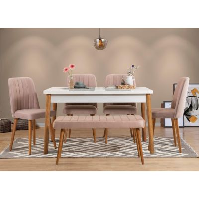 Set Masa Bucatarie și scaune (6 bucăți) Puren, Alb - Alb / Stejar, 120x75x75 cm
