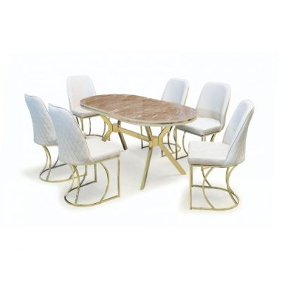Set TIMARA, masa cu 6 scaune, ovala, 6 persoane, marmura belek + auriu + crem, 160x80 cm