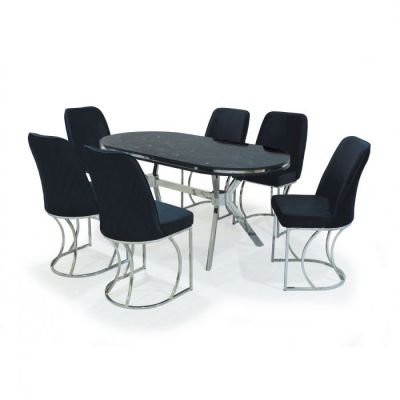 Set TIMARA, masa cu 6 scaune, ovala, 6 persoane, marmura cosmo + argintiu + negru, 160x80 cm