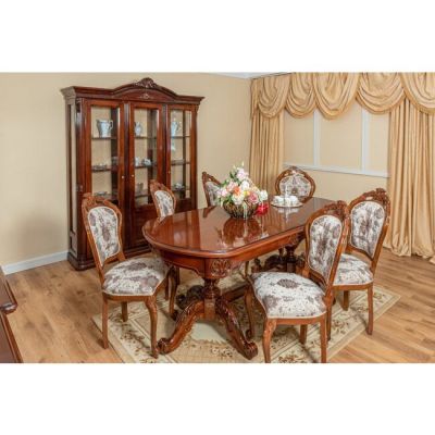 Masă Sonia ovală + 6 scaune Veneziana, lemn masiv fag, 200/276x100x80 cm, nuc