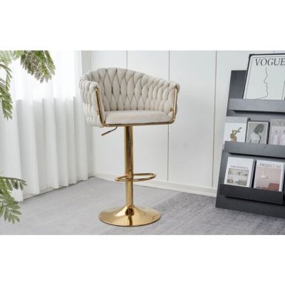 Scaun bar Pretty, tapițerie catifea luxoasă, reglaj înălțime, bază metalică aurie, 45x49x103 cm, Bej