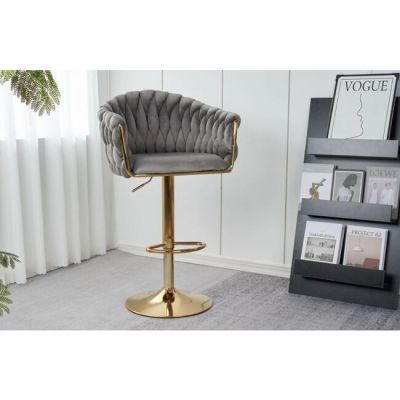 Scaun bar Pretty, tapițerie catifea luxoasă, reglaj înălțime, bază metalică aurie, 45x49x103 cm, Gri