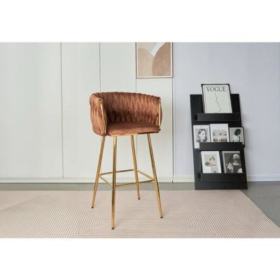 Scaun bar Sun, design rafinat, tapițerie catifea premium, picioare metalice aurii, 53x55x102 cm, Maro