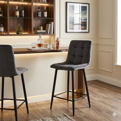 Scaun de bar Velvet, catifea premium cu structură metalică, 45x47x88 cm, gri