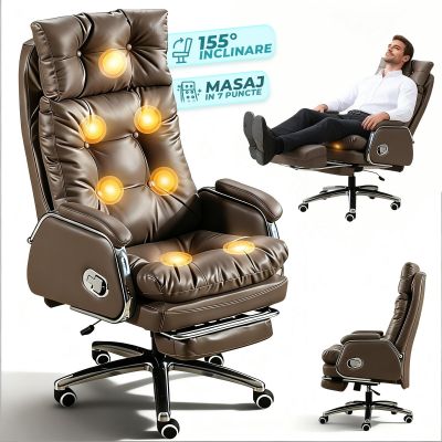 Scaun de Birou Ergonomic cu Masaj in 7 Puncte, 155°, Piele Premium, Maro - Default Title